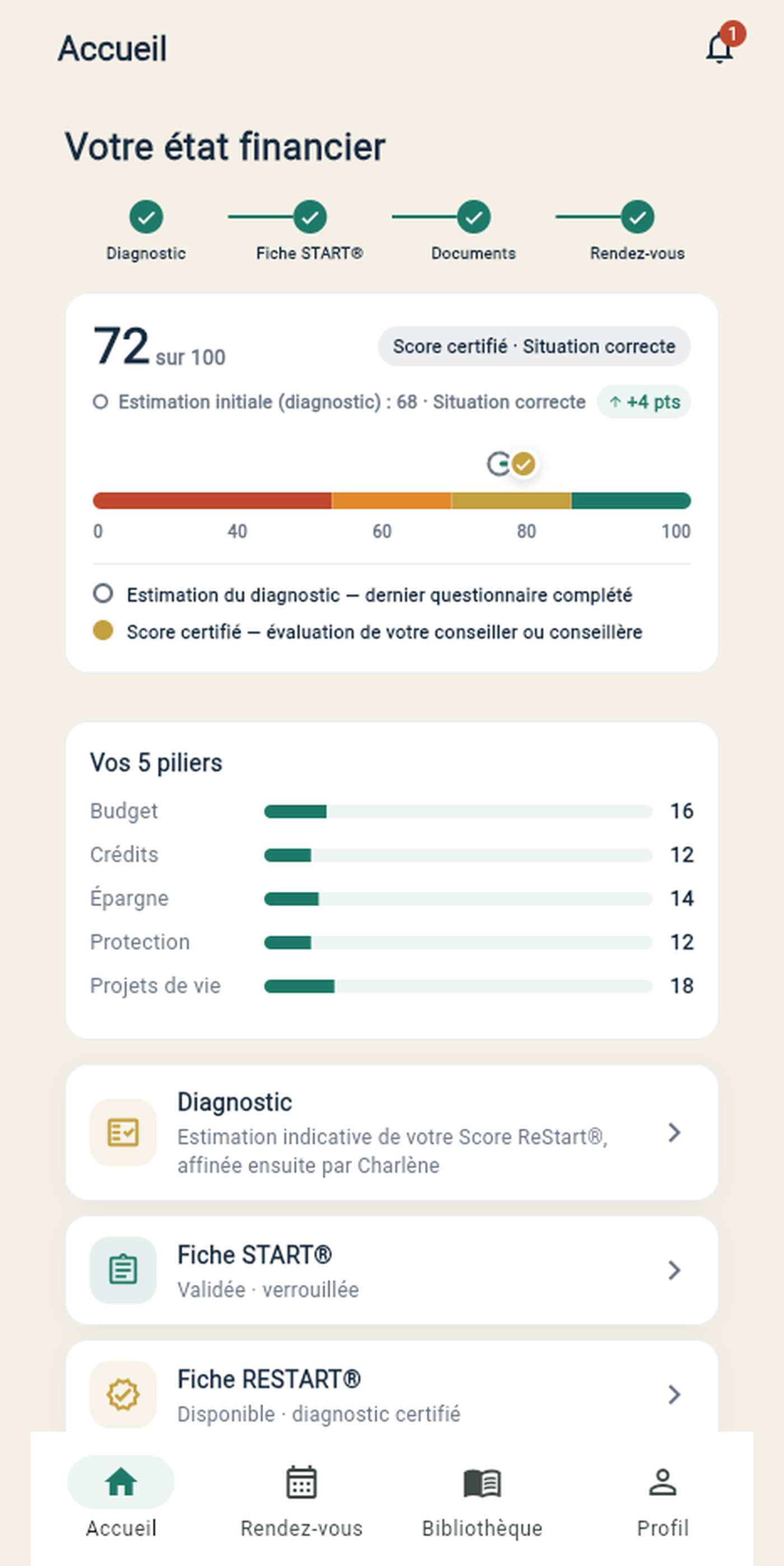 Écran d'accueil de l'app ReStart Finance